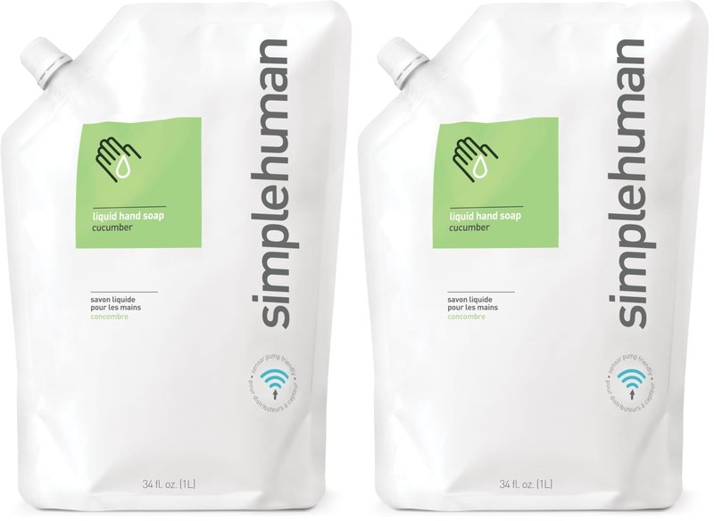 simplehuman Moisturizing Liquid Hand Soap Refill Pouch, 34 Fl Oz, Cucumber (Pack of 2)