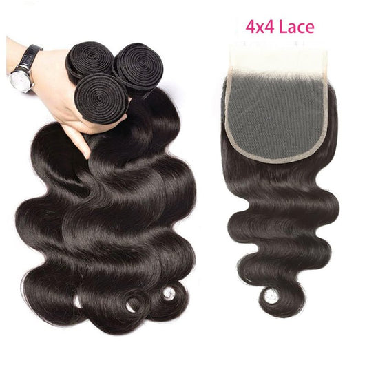 Human Hair Bundles with Closure 10 12 14+8 Inch Body Wave Closure with Bundles 100% Brazilian Virgin 3 Bundles Human Hair Weave with 4x4 Free Part Lace Closures Natural Black