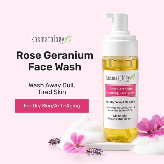 kosmatology Rose Geranium Foaming Face Wash – Hydrating Facial Cleanser for Dry & Mature Skin – Gentle Anti Aging Skincare, 6 oz.