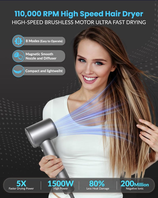 Hair Dryer, 110000 RPM Professional Ionic Blow Dryer with Brushless Motor for Fast Drying, Thermo-Control Quiet Compact Hair Blow Dryer with Magnetic Diffuser for Curly Hair for Home Travel Salon