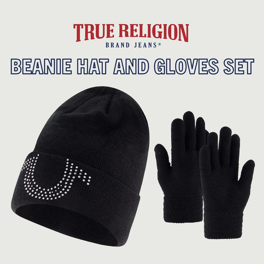 True Religion Beanie Hat and Touchscreen Glove Set, Cuffed Winter Knit Cap with Rhinestone Logo and Touch Screen Mittens, Black, One Size