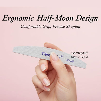 25 Pcs Thick Nail File 180/240 Grit Semicircle Shape, Emery Boards Nail File for Natural Nails and Acrylic Nails, Double Sided Boards Profesional for Home and Salon