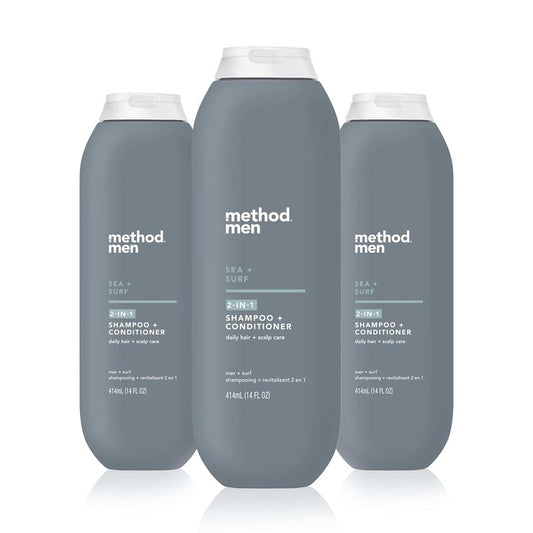 Method Men 2-in-1 Shampoo and Conditioner, Sea + Surf - Cleans and Conditions with Argan and Jojoba Oil - Made without Parabens - 14 oz, Pack of 3