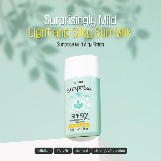 ETUDE Sunprise Mild Airy Finish Sun Milk Duo Set (55ml*2) SPF50+ / PA++++ | Sebum-free, Non-Sticky, Long Lasting Protection, 100% Mineral Based Korean Sunscreen, Korean Skin Care, Pefect for Gift