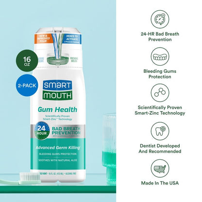 SmartMouth Gum Health Zinc Activated Mouthwash - Bleeding Gums Protection - 24-Hour Fresh Breath - Non-Burning, Alcohol-Free & Sugar-Free - 16 fl oz, 2-Pack