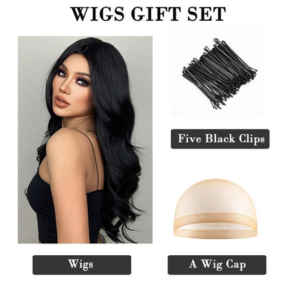 Doremiy Long Black Brown Wavy Hair Wigs for Women Natural Synthetic Curly Wig Heat Resistant Fiber Wigs for Daily Cosplay