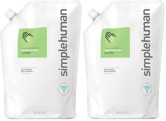 simplehuman Moisturizing Liquid Hand Soap Refill Pouch, 34 Fl Oz, Cucumber (Pack of 2)