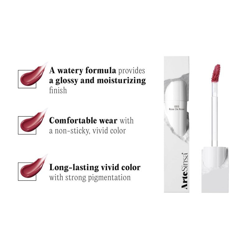 ArteSinsa Dewy Fit Tint – 8 Colors | Non-Sticky, Buildable Shine with Vivid Color | Long-Lasting & Moisturizing for a Plump, Glossy Finish | K-Beauty Lip Color (#003 Rose De Rose, 0.1 Fl Oz)