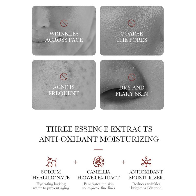 BIOAQUA Camellias Anti-Oxidation Moist Repair Toner Essence Face Cream Cleanser Lotion Camelia Flower Extract Serum Nourishing Emollient Moisturizing Skin Gift Box 100ml+30ml+50g+80g+100ml 5PCS Set