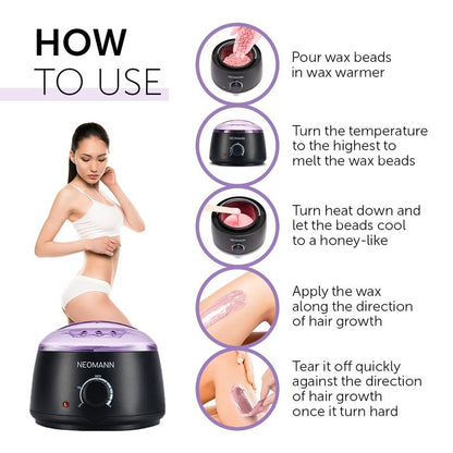 NEOMANN Waxer II Deluxe Waxing Kit for Women and Men Non-Sticky, Teflon-Coated - Wax Warmer for Hair Removal incl. 600g Wax Beads, 30 Spatulas