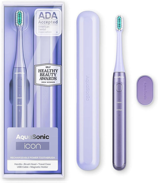 Aquasonic Icon ADA-Accepted Rechargeable Toothbrush | Magnetic Holder & Slim Travel Case | 2 Brushing Modes & Smart Timers | Gentle Micro-Vibrations (Lilac)