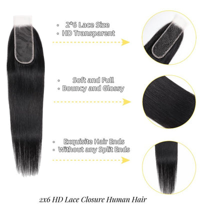 2x6 HD Lace Closure Straight Human Hair 16 Inch 2 by 6 HD Lace Closure 100% Brazilian Virgin Unprocessed Middle Part Human Hair Kim K Closure With Baby Hair Natural Color