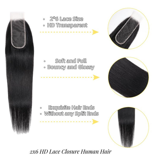 2x6 HD Lace Closure Straight Human Hair 16 Inch 2 by 6 HD Lace Closure 100% Brazilian Virgin Unprocessed Middle Part Human Hair Kim K Closure With Baby Hair Natural Color