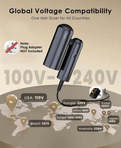 osou Foldable Hair Dryer for Travel - Global Voltage with Auto-Sensing, 1B Plasma Particles, 200times/s Temp Control, Portable Blow Dryer with Single-Sided Comb, Gray