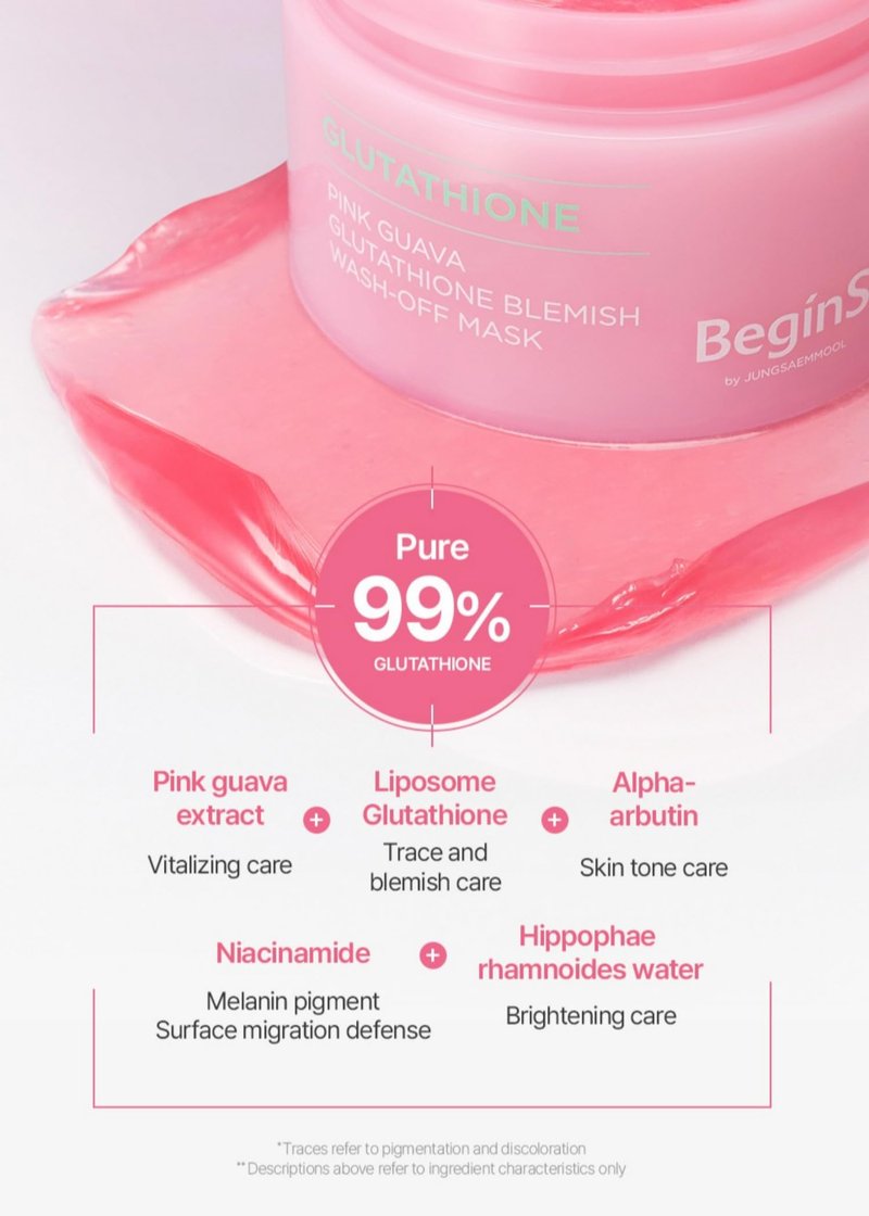 BeginS by JUNGSAEMMOOL Pink Guava Glutathione Wash-Off Mask 3.17 Fl Oz, Jelly Texture Face Mask with Vitamin C and Niacinamide for Skin Hydration, Blemish Care, and Radiant Glow, Korean Skincare