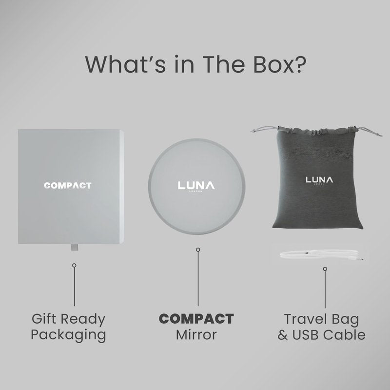 LUNA London Compact Travel Mirror | Travel Makeup Mirror with Light | LED Lighted Vanity Mirror with 3 Light Modes | 7X Magnification Folding Portable & Rechargeable (Chalk Grey)