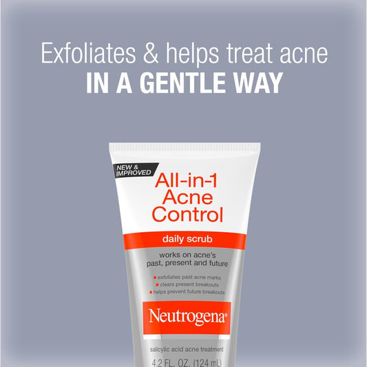 Neutrogena All-In-1 Acne Control Daily Face Scrub to Exfoliate & Treat Acne, with 2% Salicylic Acid Acne Medication, Exfoliating Acne Facial Scrub for Acne Marks & Breakouts, 4.2 fl. oz, 3 Pack