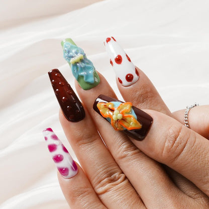 Tesytto Long Coffin Press On Nails with 3D Floral Design - Summer Multicolor Thick Luxury False Nails Reusable Acrylic Nails (Summer Stories,L)