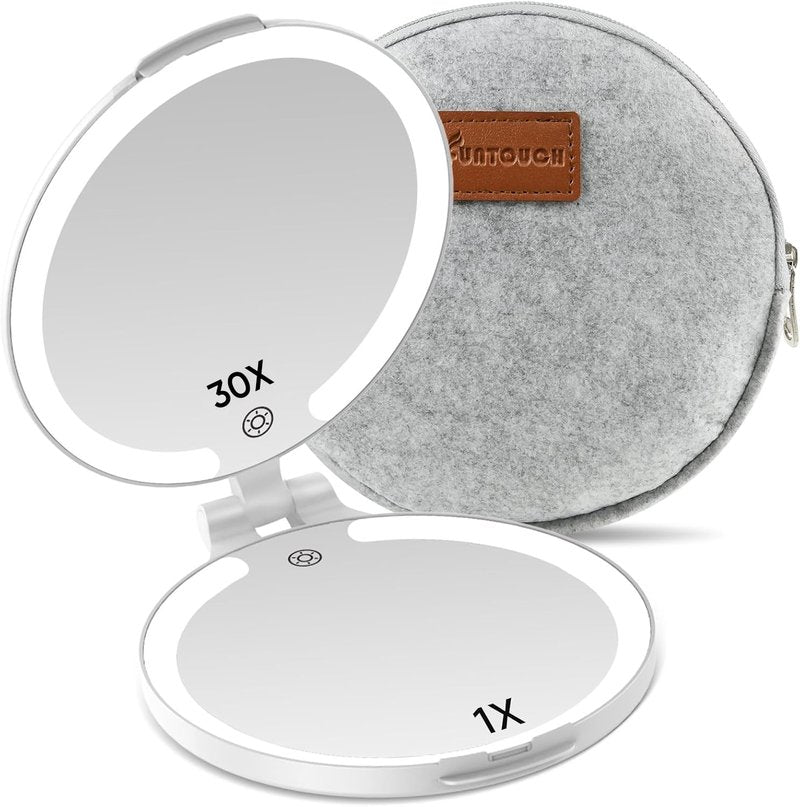 FUNTOUCH Travel Mirror with Lights and Magnification, 1X/30X Double Sided Makeup Vanity Mirror with 3 Color Setting, Christmas Birthday Gifts for Women Girls with Bag