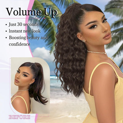 Isaic Culy Ponytail Extension 16 Inch Natural Black Drawstring Ponytail Extension for Women Fluffy Natural Looking Synthetic Hairpiece Long wavy Pony Tails Hair extensions for Daily Use