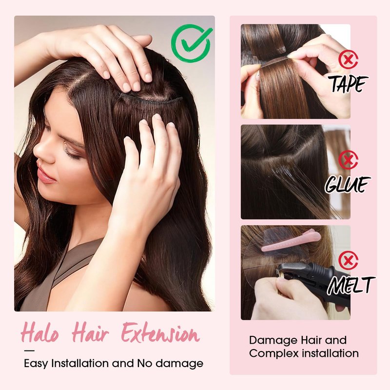 Halo Hair Extensions,Prokyvity Halo Hair Extensions Real Human Hair,Invisible Adjustable Wire Extensions for Seamless Blending 16 inch/65g Golden Brown Streaked with Bleach Blonde