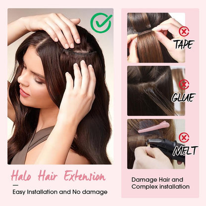 Halo Hair Extensions,Prokyvity Halo Hair Extensions Real Human Hair,Invisible Adjustable Wire Extensions for Seamless Blending 16 inch/65g Golden Brown Streaked with Bleach Blonde