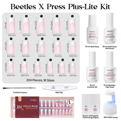 Beetles X Press Plus On Nails Kit - Pink Long Square French Tip Press On Nails | 224Pcs Acrylic Nail 16 Sizes All-in-One Kit with Nail Glue, Remover, Builder Top Coat, Nail Lamp