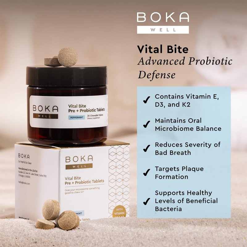 Boka Vital Bite Oral Pre + Probiotics - Sugar-Free Nut-Free Chewable Dental Probiotics for Teeth and Gums with BLIS K12, Vitamin D3 K2 for Men Women, Freshens Breath - Peppermint, 29 ct