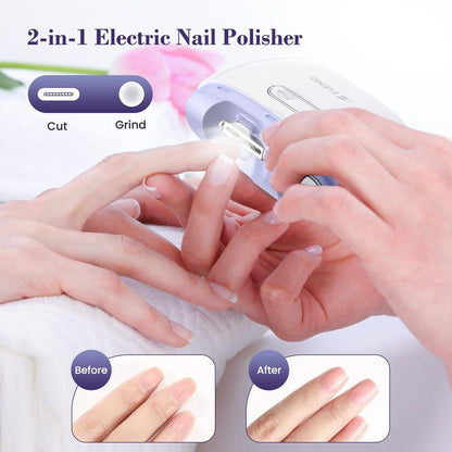 Electric 2-in-1 Nail Clipper & Polisher, 2-Speed Safe Fingernail Trimmer for All Ages, Rechargeable Automatic Nail Clipper with Light, Manicure Set for Baby Kids Seniors & Weak Hands