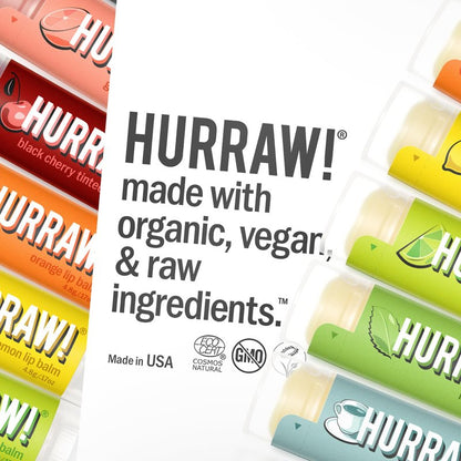 Hurraw! Lip Balms Staff Favorites, 6 Balm Bundle Pack: Black Cherry Tinted (Sheer Red Tint), Orange, Lemon, Mint, Earl Grey, Raspberry Tinted (Sheer Berry Tint) - Organic, Certified Vegan and All-Natural. Bee, Shea, Soy & Palm Free. Made in USA