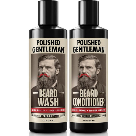 Polished Gentleman Beard Shampoo and Conditioner Set - Refreshing Beard Moisturizer & Mustache Softener - Beard Thickener with Tea Tree & Growth Oil - Paraben-Free & Sulfate-Free - Made by USA (8oz)