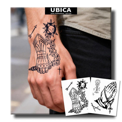 UBICA Semi Permanent Tattoos, 2 Sheets Realistic Temporary Tattoos for Men, Fake Tattoos for Hand Arm Wrists, Waterproof, No Reflective, Lasts 1-2 Weeks (Cross Praying & Power Glove Chain Designs)