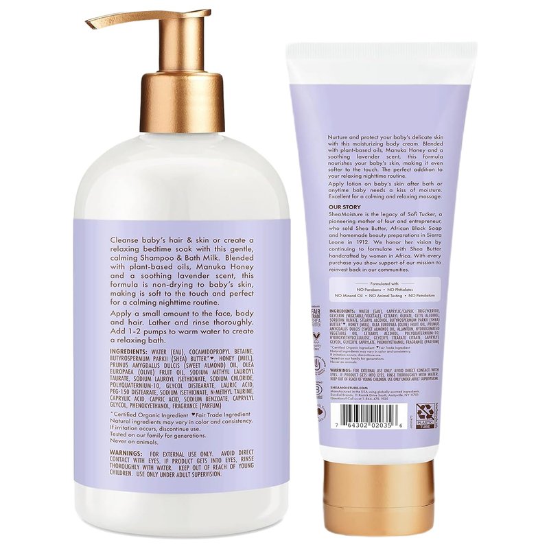 Shea Moisture Baby Care Set – Relaxing Nighttime Shampoo & Bath Milk + Body Cream for Delicate Skin, Manuka Honey & Lavender (2 Piece Set)