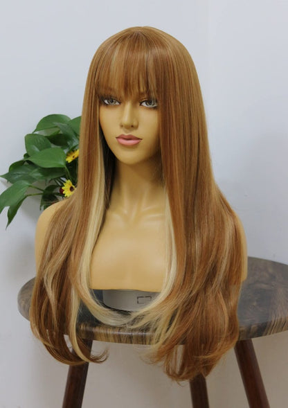 MSMYRNS Ginger Brown Synthetic Wig With Bangs Blonde 613 Highlights Mixed Natural Wave Heat Resistant Fibers Lolita Cosplay Wigs For Girls Woman Daily Use Hair Replacement Unit Glueless No Lace Wig