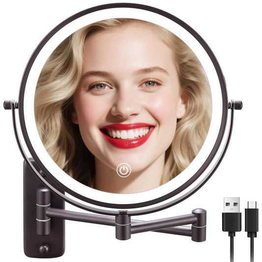 DECLUTTR 9 Inch Wall Mounted Lighted Makeup Mirror, Double-Sided Magnifying Mirror 1x/10x, 3 Colors Lighted Makeup Mirror, Touch Dimmable 360° Rotation Foldable Light Up Mirror, Bronze