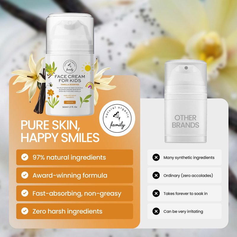 Kids Face Cream - Gentle and Calming Moisturizer Lotion for Sensitive Skin, Natural Hydration and Spot Control with Shea Butter, Tea Tree, Hyaluronic Acid, Vitamin E - Made in UK - Vanilla Scented