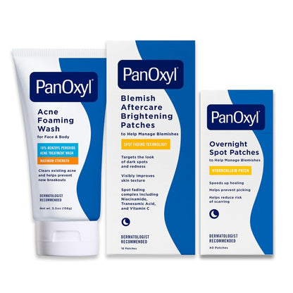 PanOxyl Pimple Patch Bundle - Acne Foaming Wash Benzoyl Peroxide 10%, PM Overnight Spot Patches & Blemish Brightening Patches