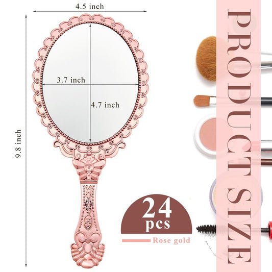 Qunclay 24 Pcs Vintage Rose Gold Handheld Mirrors, Baroque Embossed Compact Makeup Mirror with Handle for Pink Themed Princess Party Favors, Weddings, Bridal Showers, Birthday Gifts, Travel