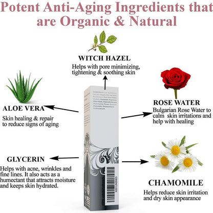 Organic Hydrating Toner for Face Anti-Aging - Rose Water, Witch Hazel & Aloe Vera Toning Facial Mist for Women. Natural Skin Moisturizing Rosewater Spray. Oil Free, Pure, Fresh & Pore Tight