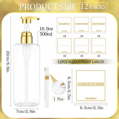 Gejoy 12 Pack Clear Shampoo and Conditioner Dispenser Bottles, 17 Oz/ 500ml Refillable Empty Pump Bottles with Labels and Marker Pen, Plastic Square Pump Dispenser Bottle for Bathroom Body Wash Shower