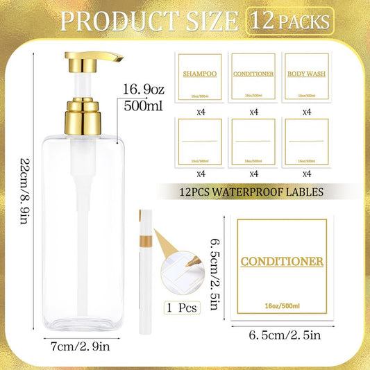 Gejoy 12 Pack Clear Shampoo and Conditioner Dispenser Bottles, 17 Oz/ 500ml Refillable Empty Pump Bottles with Labels and Marker Pen, Plastic Square Pump Dispenser Bottle for Bathroom Body Wash Shower