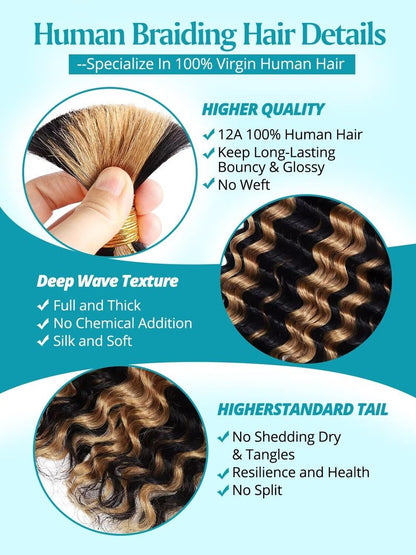 100g 3 Bundles/Pack Burgundy Human Braiding Hair for Boho Braids 14 Inch Curly Boho Hair for Braiding Knotless 12A Deep Wave Bulk Bohemian Color 99J