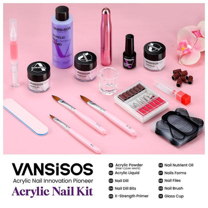 VANSISOS Acrylic Nail Kit with Drill: Complete Set with Everything for Beginners and Women at Home Salon - Including Clear White Pink Acrylic Powder and Liquid and Brushes for Extensions