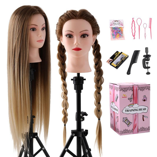Mannequin Head with Hair, Mannequin Cosmetology Manikin Practice Doll Head for hair styling Braiding Hairdressing Head with Table Clamp + DIY Hair Styling Set