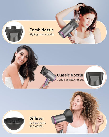 Fast-Drying Ionic Hair Dryer,1875 Watt High-Speed Ionic Blow Dryer with Diffuser/Concentrator/Comb Nozzle,LED Temp Display,Intelligent Temp Control,Low Noise for Home Salon Travel (Silvery)