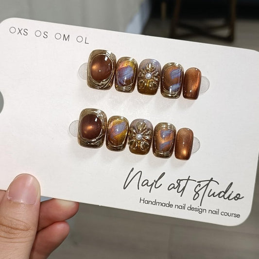 TENPAL Handmade Short Square Press on Nails with Kit,Golden Brown Chrome Hand-Sculpted Toffee Blooms & Gilded Edge Designs Glue on Nails,Glossy Sunset Metallic Cat Eye Fake Nails for Fall Winter(S)