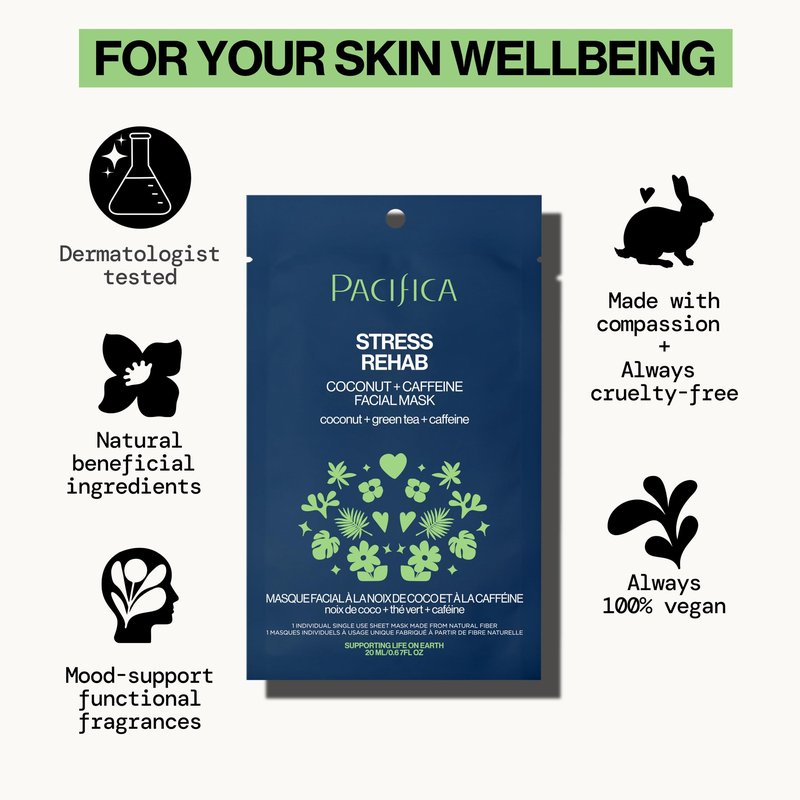Pacifica Beauty Skin Rehab Coconut and Caffeine Facial Mask, Skincare, Green Tea, Helps with Puffiness and Redness, Face Mask, Sheet Mask, Face Care, All Skin Types, Vegan (6 Sheets)