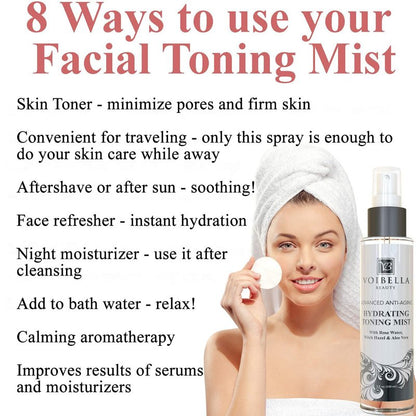 Organic Hydrating Toner for Face Anti-Aging - Rose Water, Witch Hazel & Aloe Vera Toning Facial Mist for Women. Natural Skin Moisturizing Rosewater Spray. Oil Free, Pure, Fresh & Pore Tight
