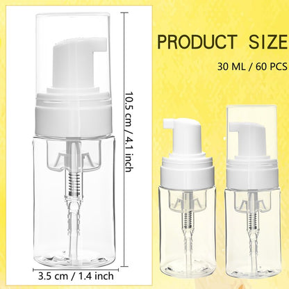 60 Pcs Mini Foam Pump Bottle Bulk 1 oz/ 30 ml Empty Travel Size Plastic Soap Foaming Bottles Small Clear Foaming Soap Dispenser Refillable Mousse Bottles for Lash Shampoo Portable Hand Sanitizer