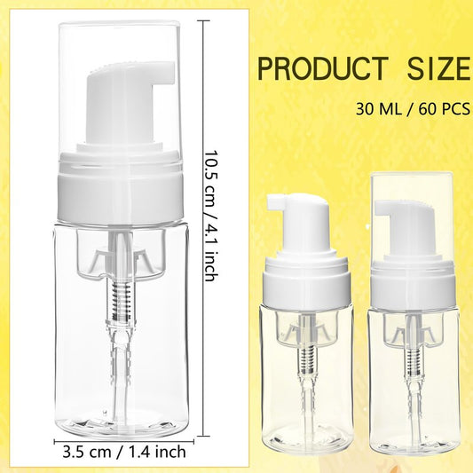60 Pcs Mini Foam Pump Bottle Bulk 1 oz/ 30 ml Empty Travel Size Plastic Soap Foaming Bottles Small Clear Foaming Soap Dispenser Refillable Mousse Bottles for Lash Shampoo Portable Hand Sanitizer